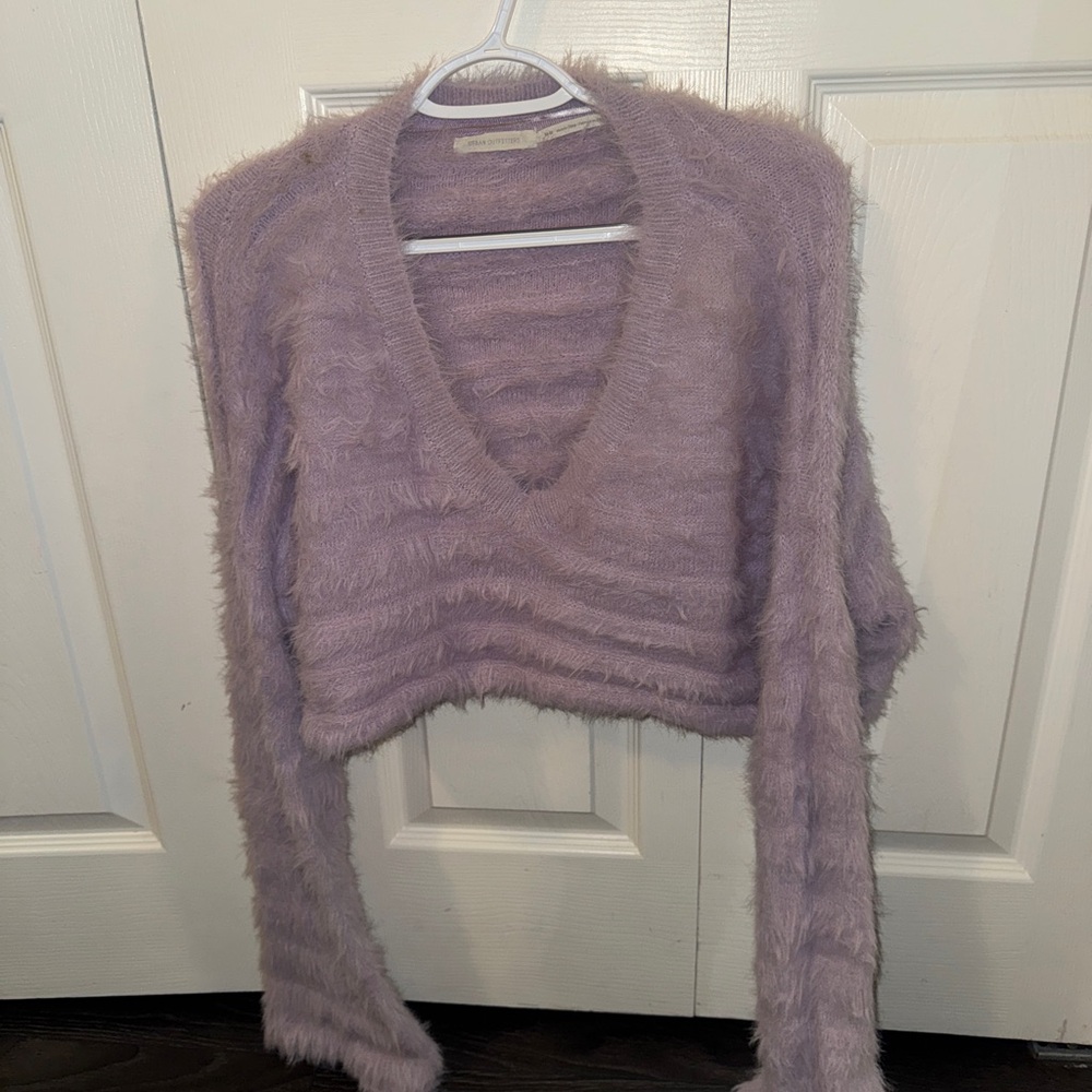 Urban Outfitters Lavender Purple Fuzzy V-Neck Cropped Sweater with Bell Sleeves